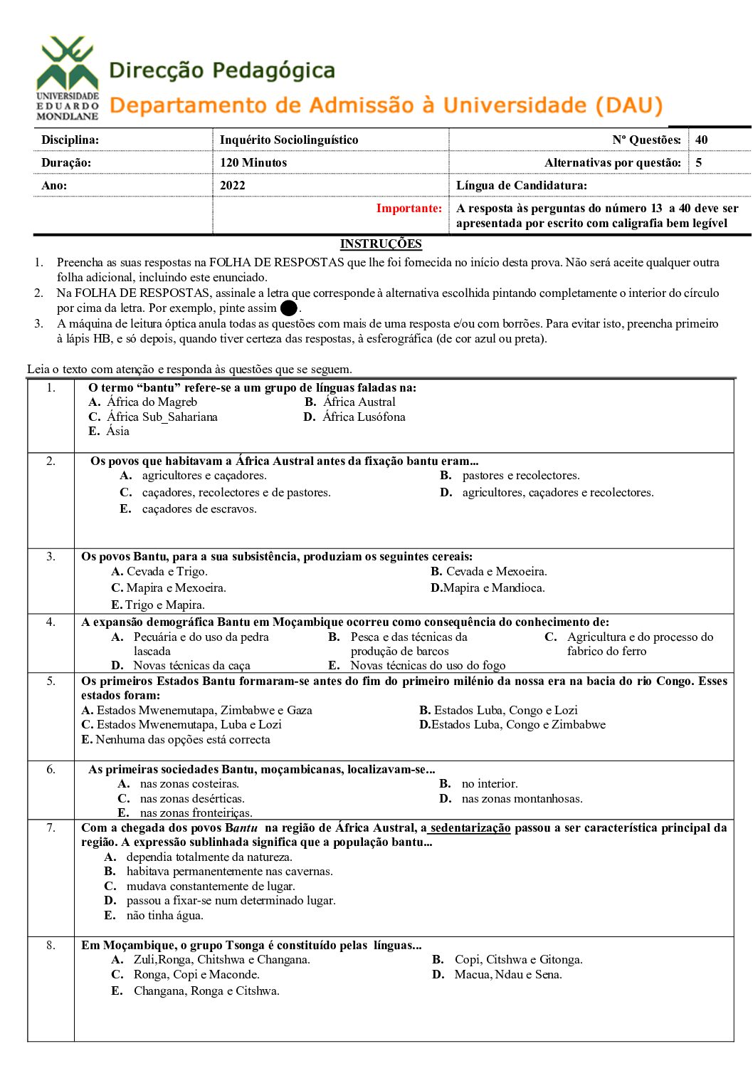 Inquérito – 2022 da UEM (Enunciado e Resolução do Exame de Admissão em PDF)