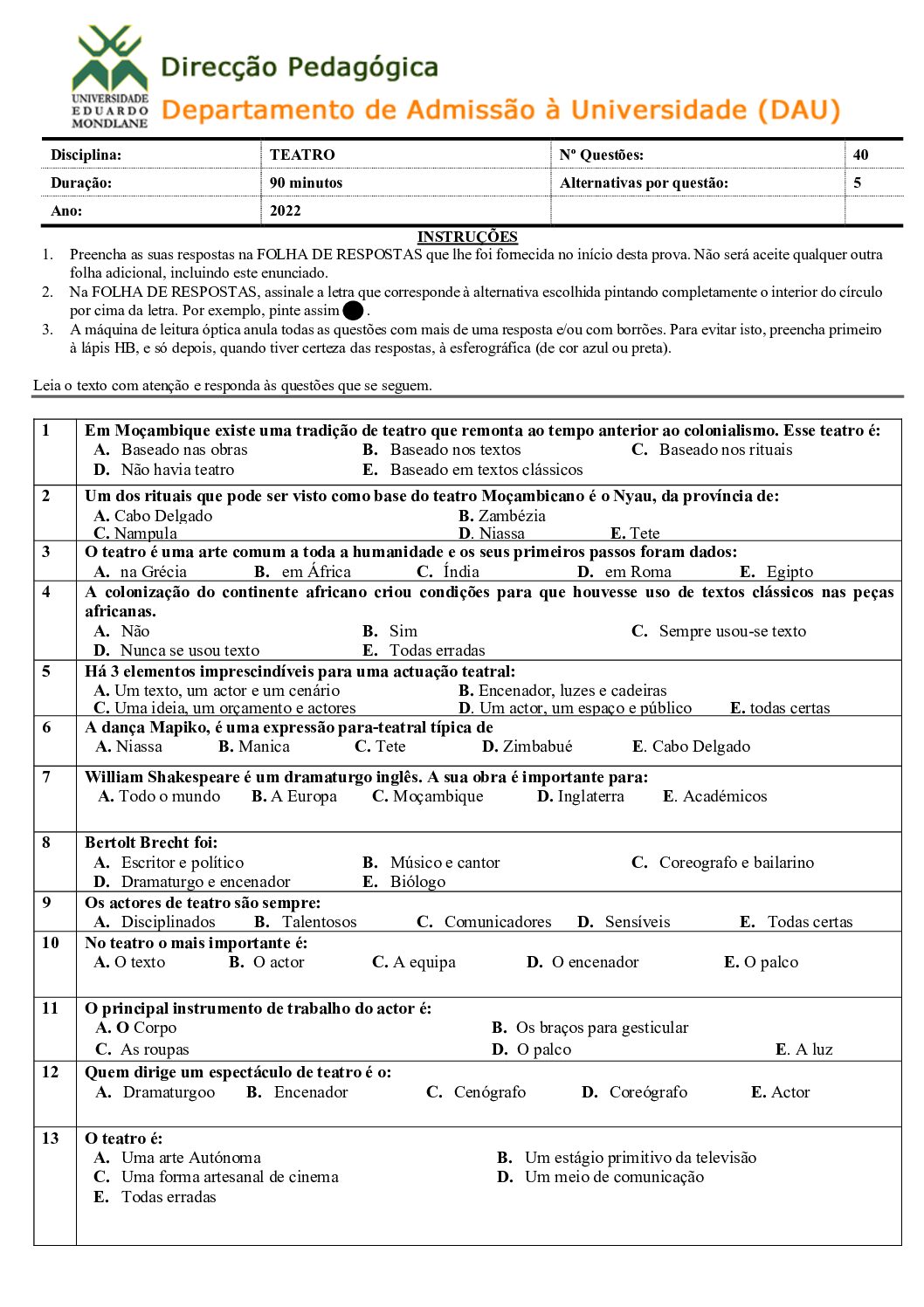 Teatro – 2022 da UEM (Enunciado e Resolução do Exame de Admissão em PDF)