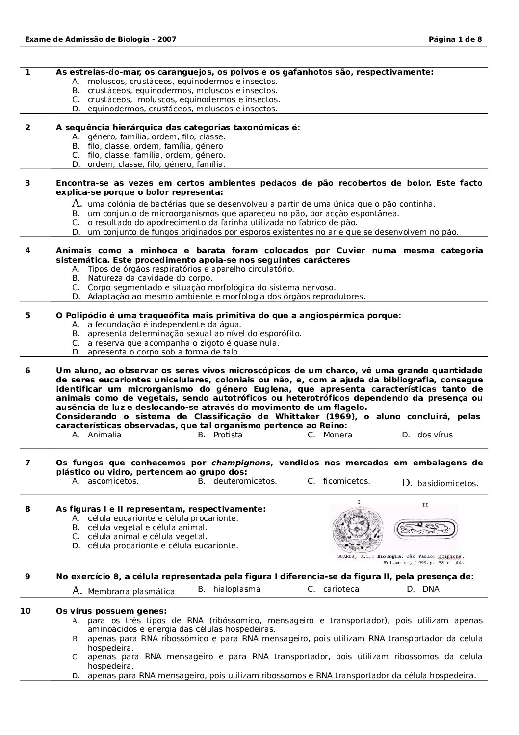 Biologia – 2007 da UEM (Enunciado e Resolução do Exame de Admissão em PDF)