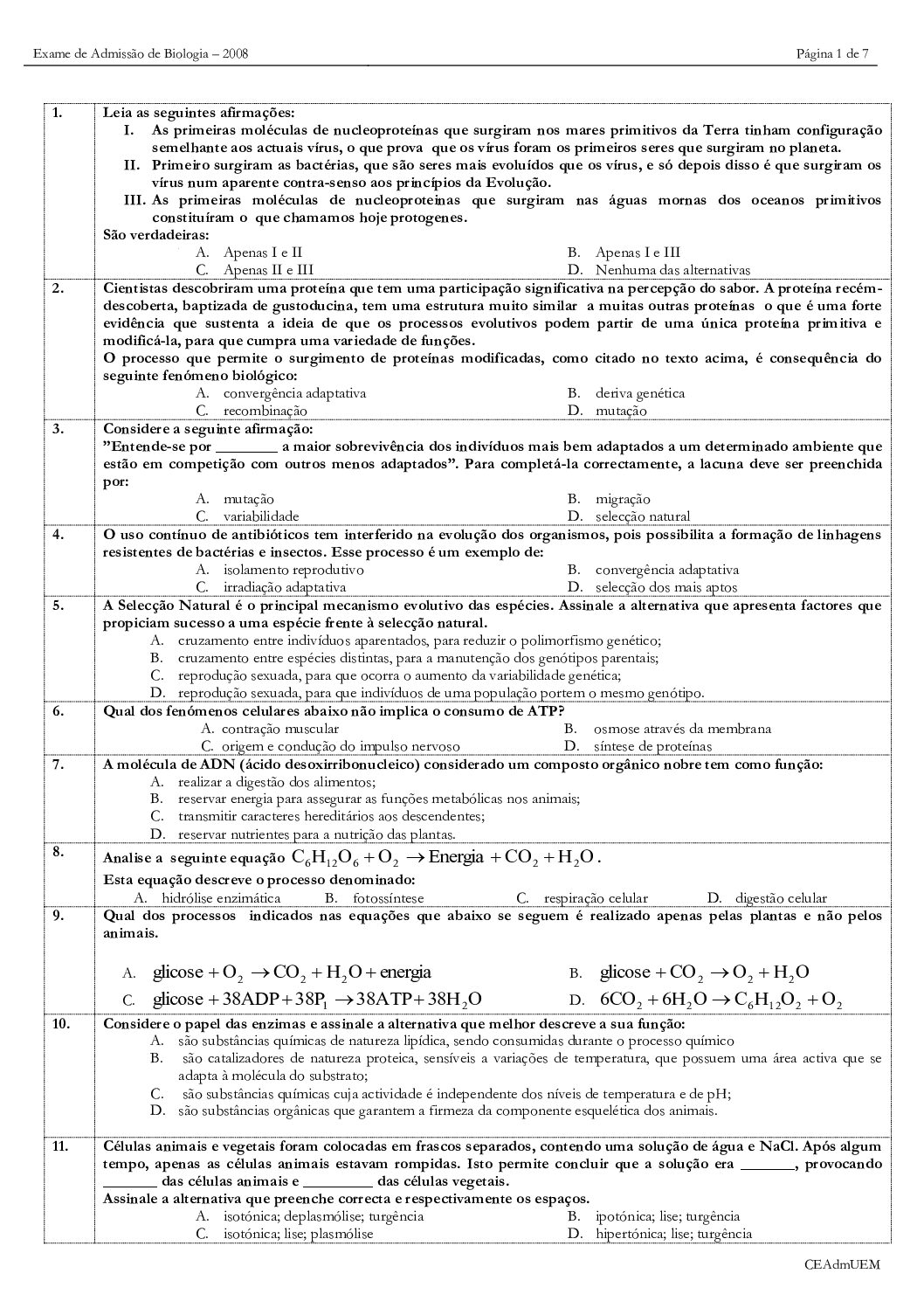 Biologia – 2008 da UEM (Enunciado e Resolução do Exame de Admissão em PDF)
