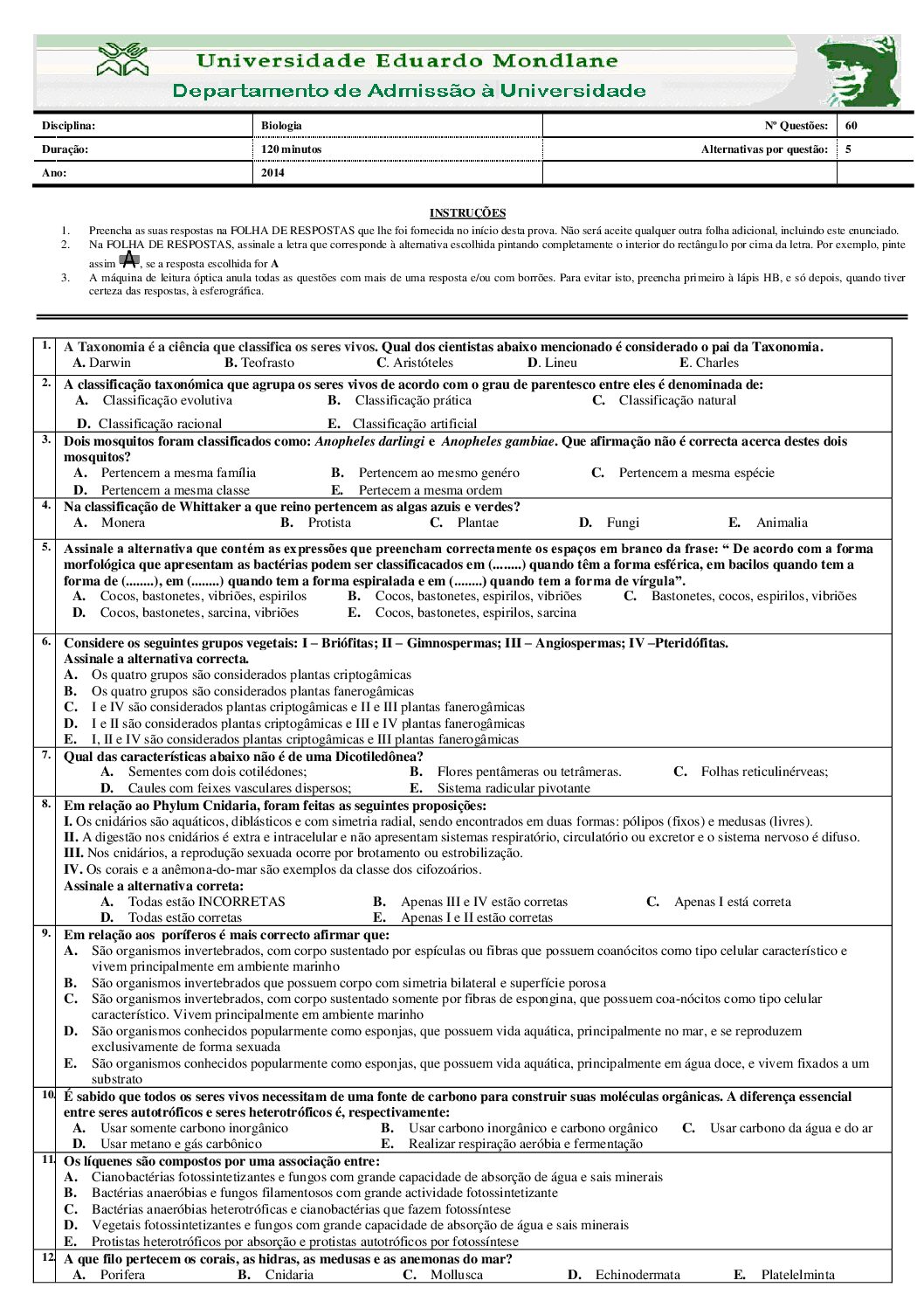 Biologia – 2014 da UEM (Enunciado e Resolução do Exame de Admissão em PDF)