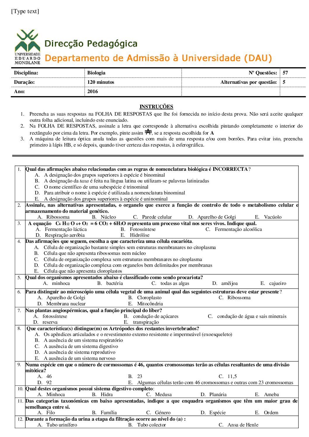 Biologia – 2016 da UEM (Enunciado e Resolução do Exame de Admissão em PDF)