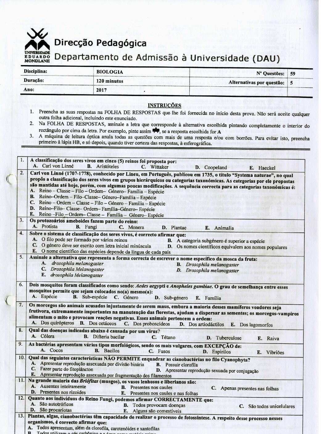 Biologia – 2017 da UEM (Enunciado e Resolução do Exame de Admissão em PDF)