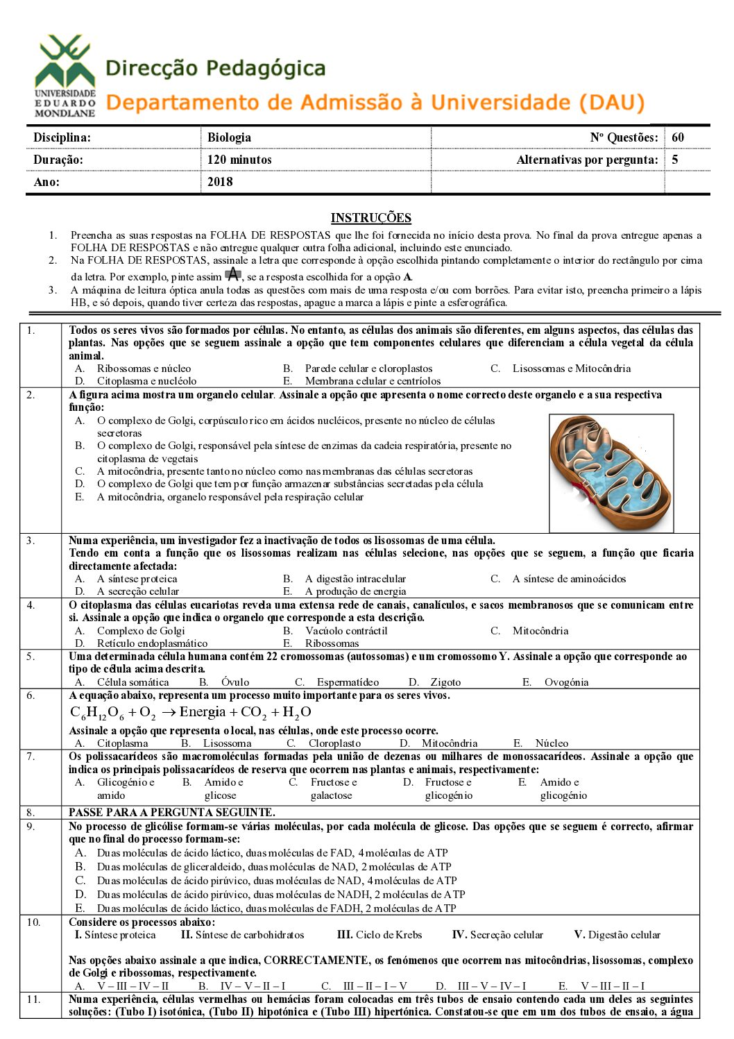 Biologia – 2018 da UEM (Enunciado e Resolução do Exame de Admissão em PDF)