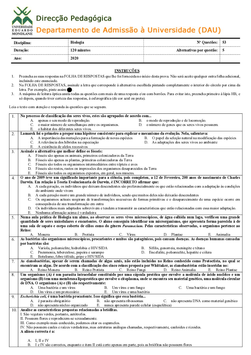 Biologia – 2020 da UEM (Enunciado e Resolução do Exame de Admissão em PDF)