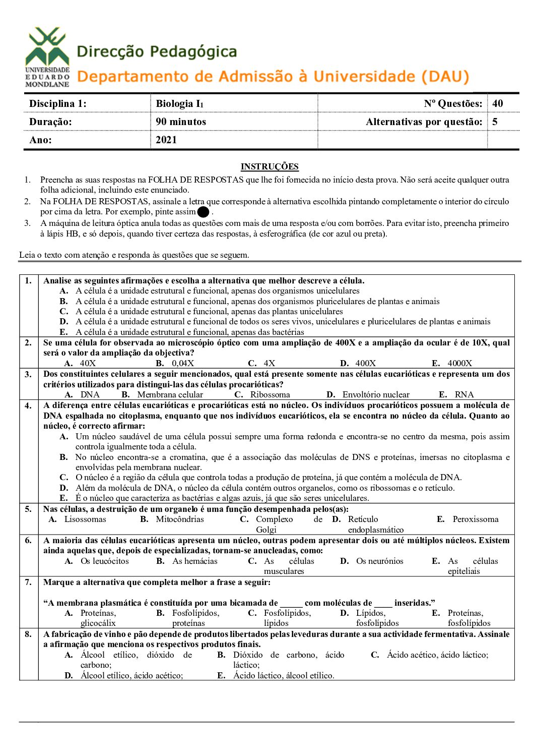 Biologia – 2021 (I) da UEM (Enunciado e Resolução do Exame de Admissão em PDF)