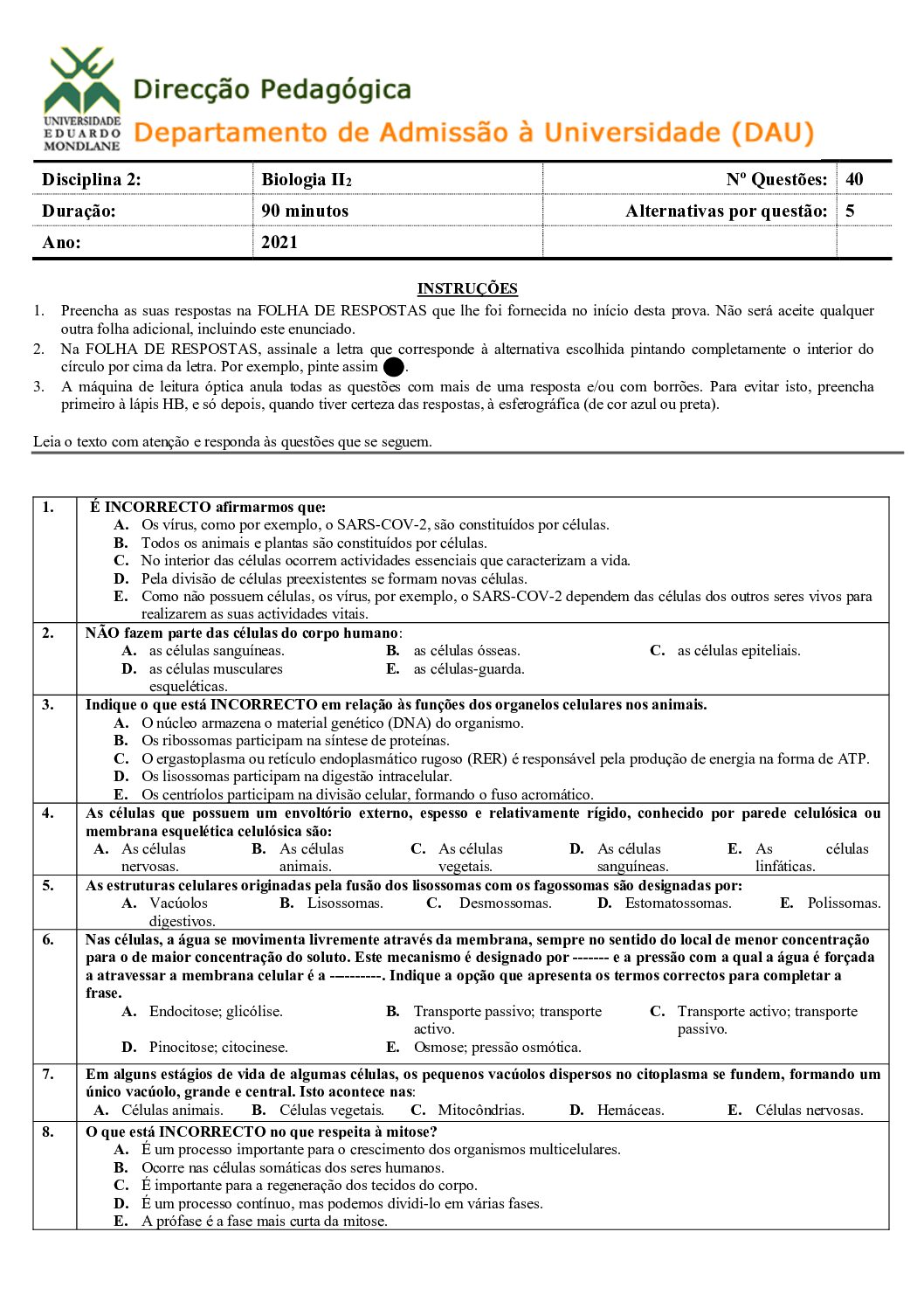 Biologia – 2021 (II) da UEM (Enunciado e Resolução do Exame de Admissão em PDF)