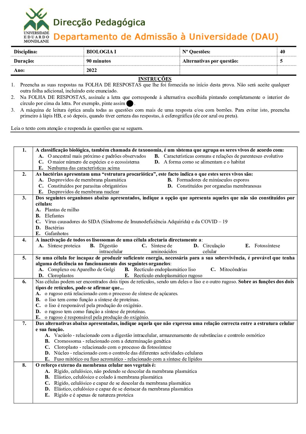 Biologia – 2022 (I) da UEM (Enunciado e Resolução do Exame de Admissão em PDF)