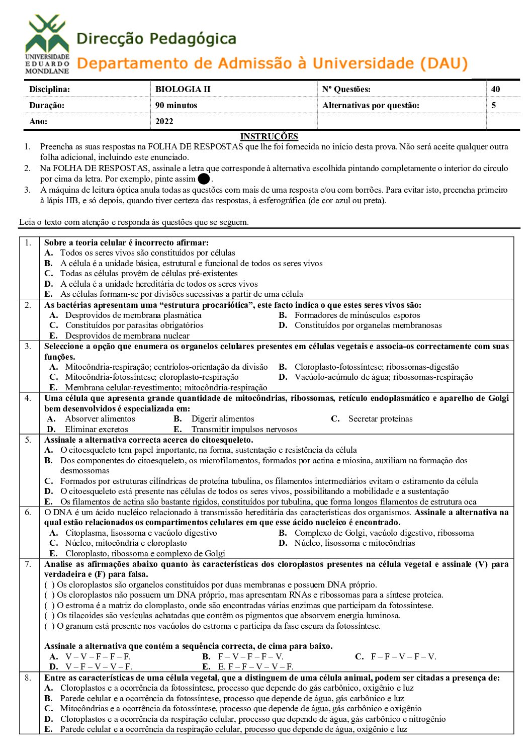 Biologia – 2022 (II) da UEM (Enunciado e Resolução do Exame de Admissão em PDF)
