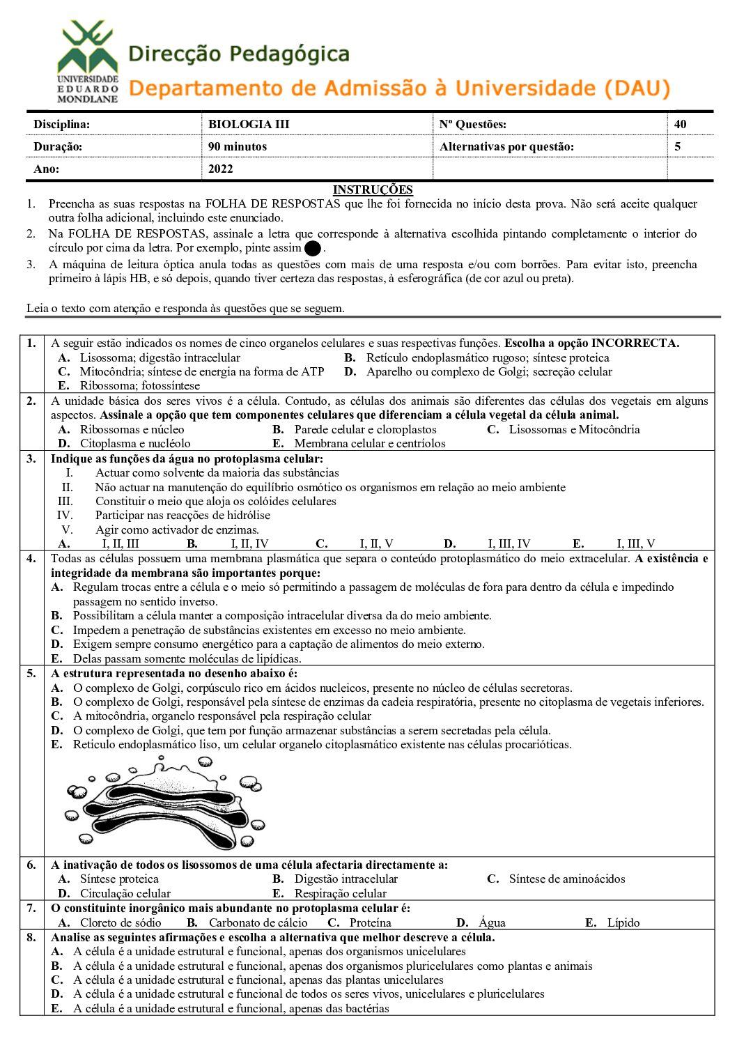 Biologia – 2022 (III) da UEM (Enunciado e Resolução do Exame de Admissão em PDF)
