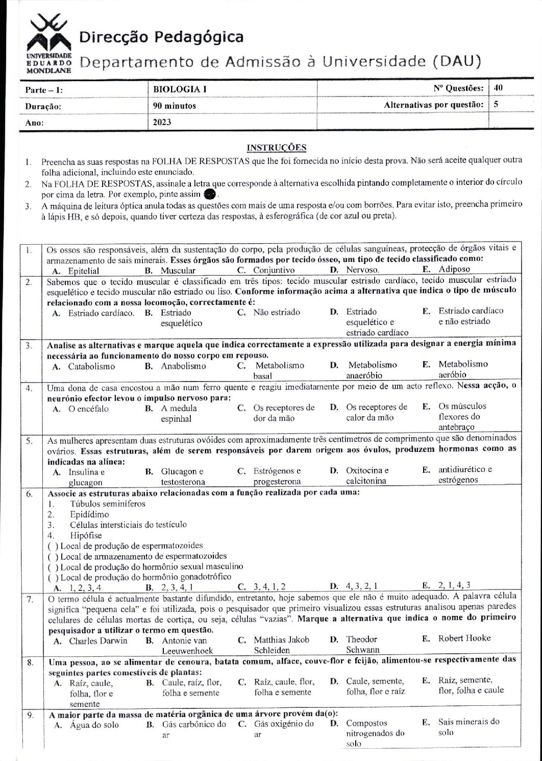Biologia – 2023 (I) da UEM (Enunciado e Resolução do Exame de Admissão em PDF)