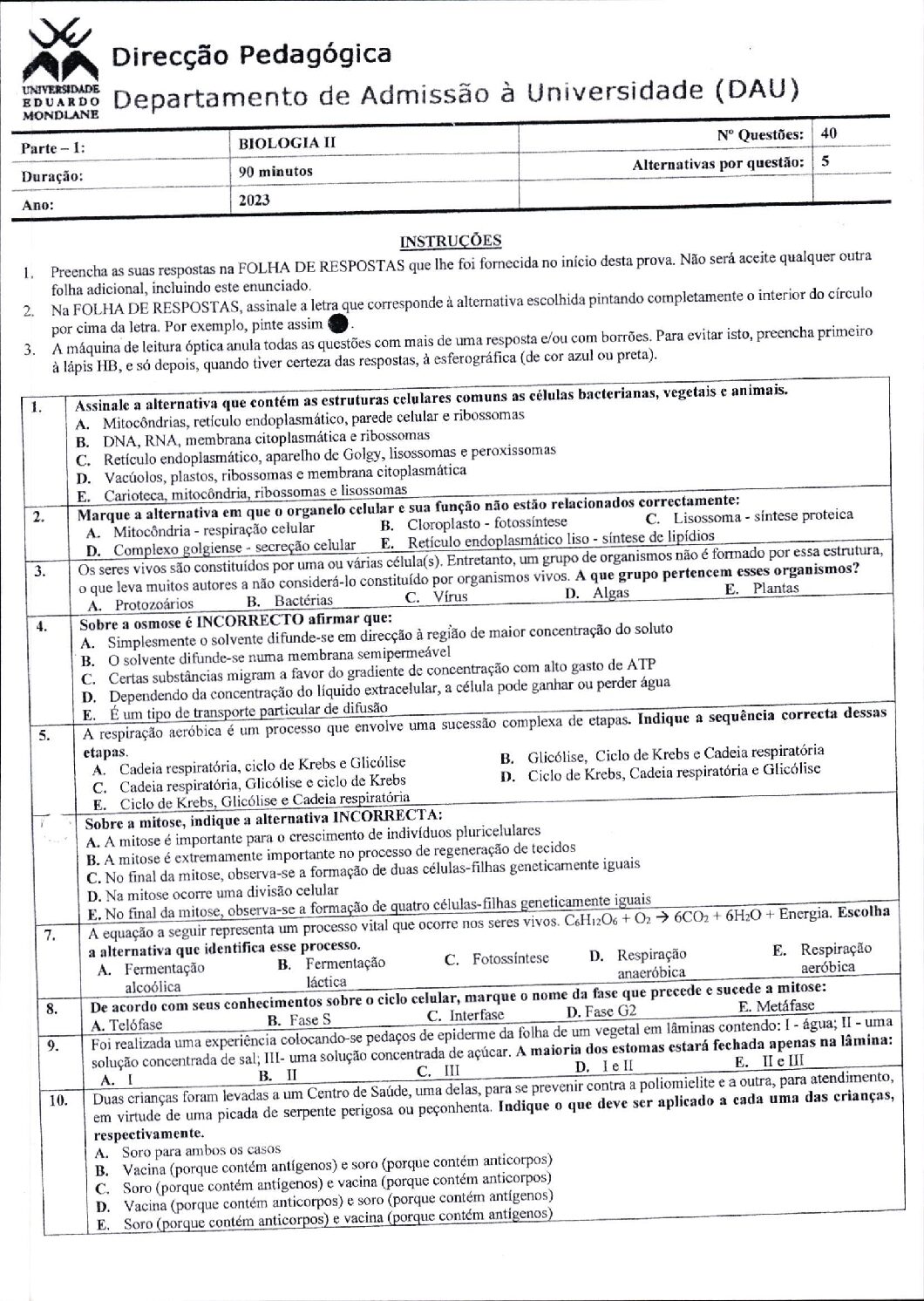 Biologia – 2023 (II) da UEM (Enunciado e Resolução do Exame de Admissão em PDF)