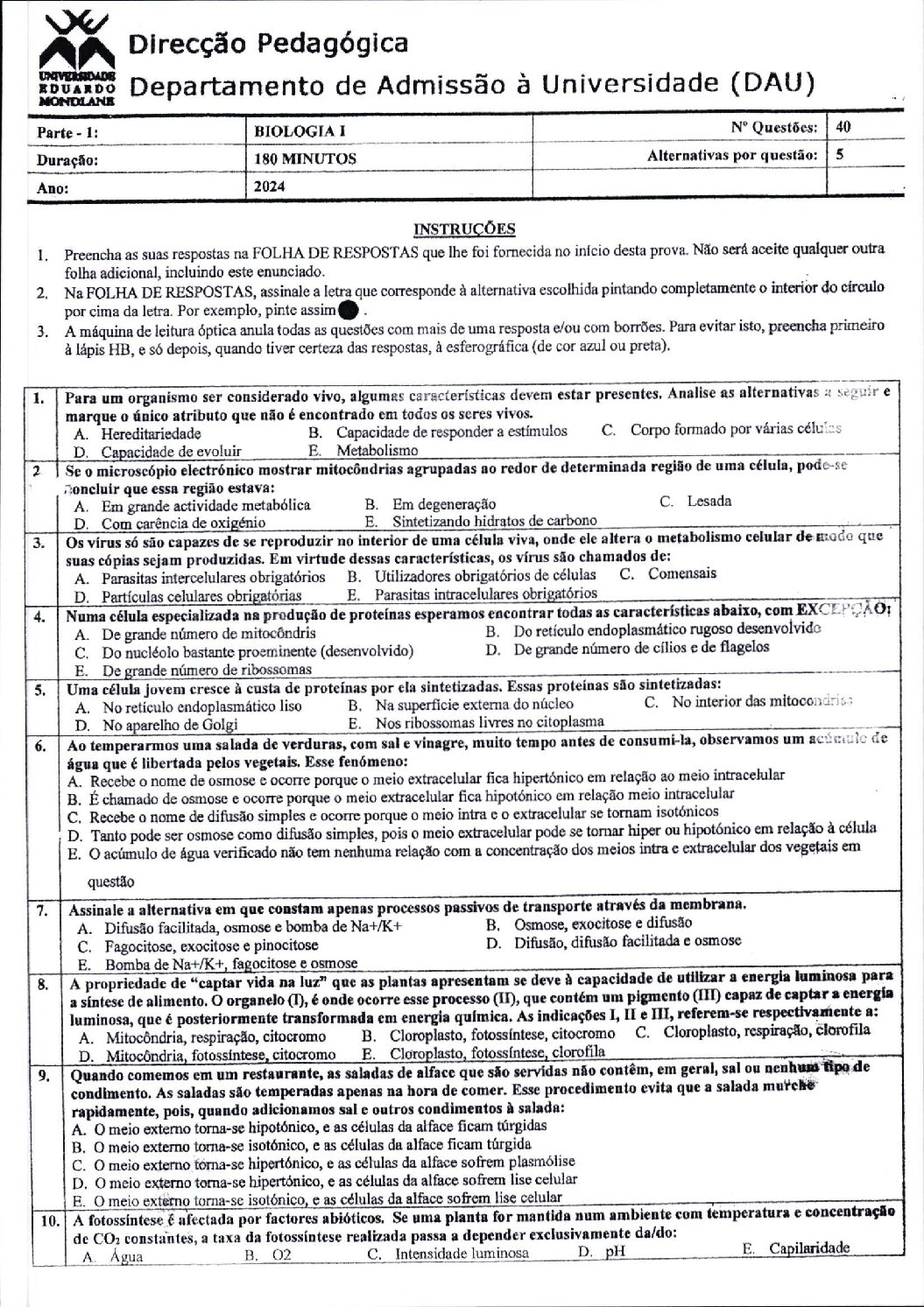 Biologia – 2024 (I) da UEM (Enunciado e Resolução do Exame de Admissão em PDF)