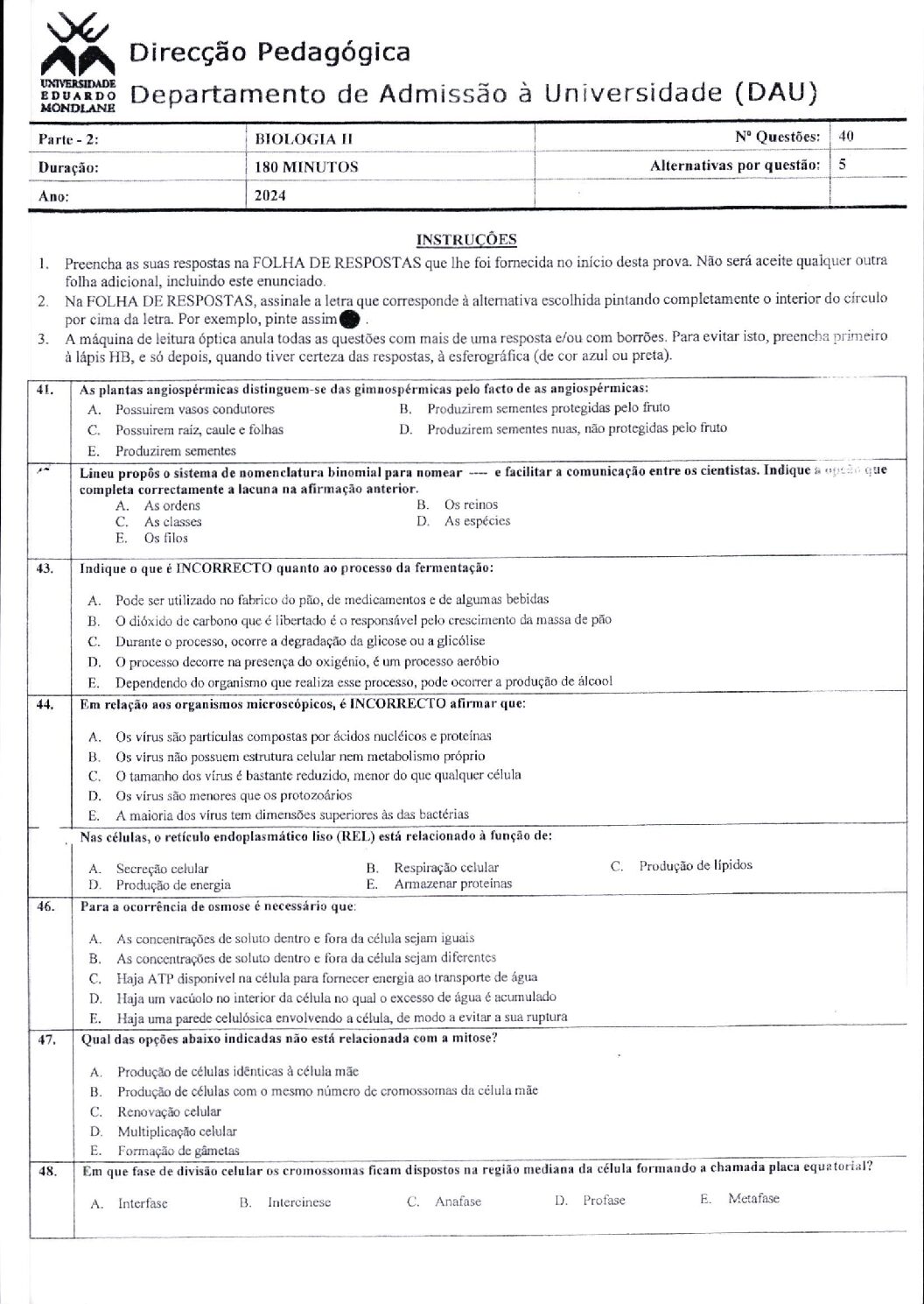 Biologia – 2024 (II) da UEM (Enunciado e Resolução do Exame de Admissão em PDF)