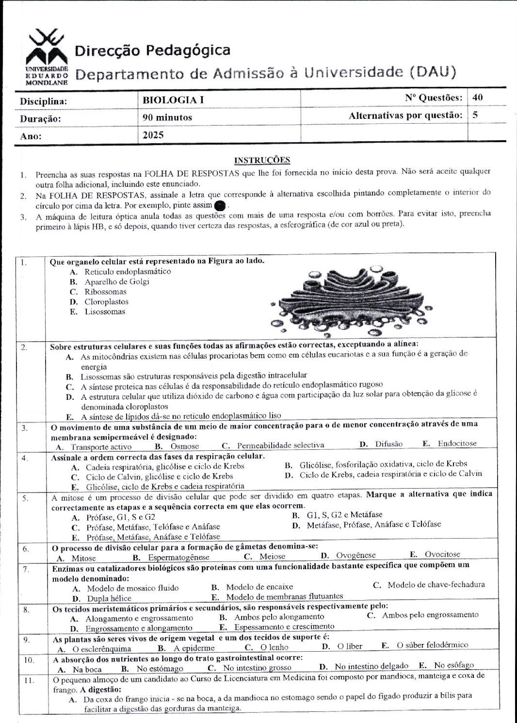 Biologia – 2025 (I) da UEM (Enunciado e Resolução do Exame de Admissão em PDF)