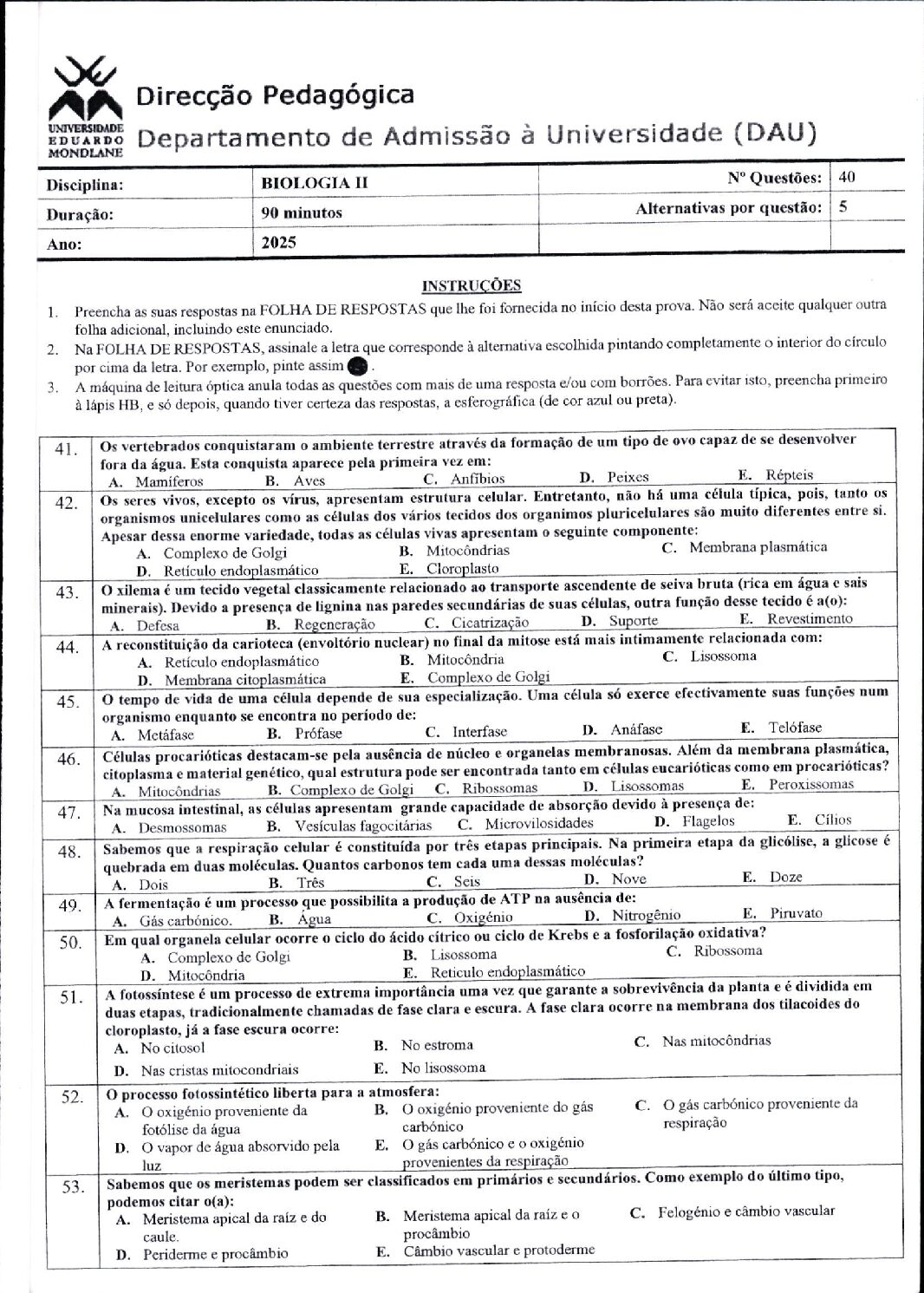 Biologia – 2025 (II) da UEM (Enunciado e Resolução do Exame de Admissão em PDF)