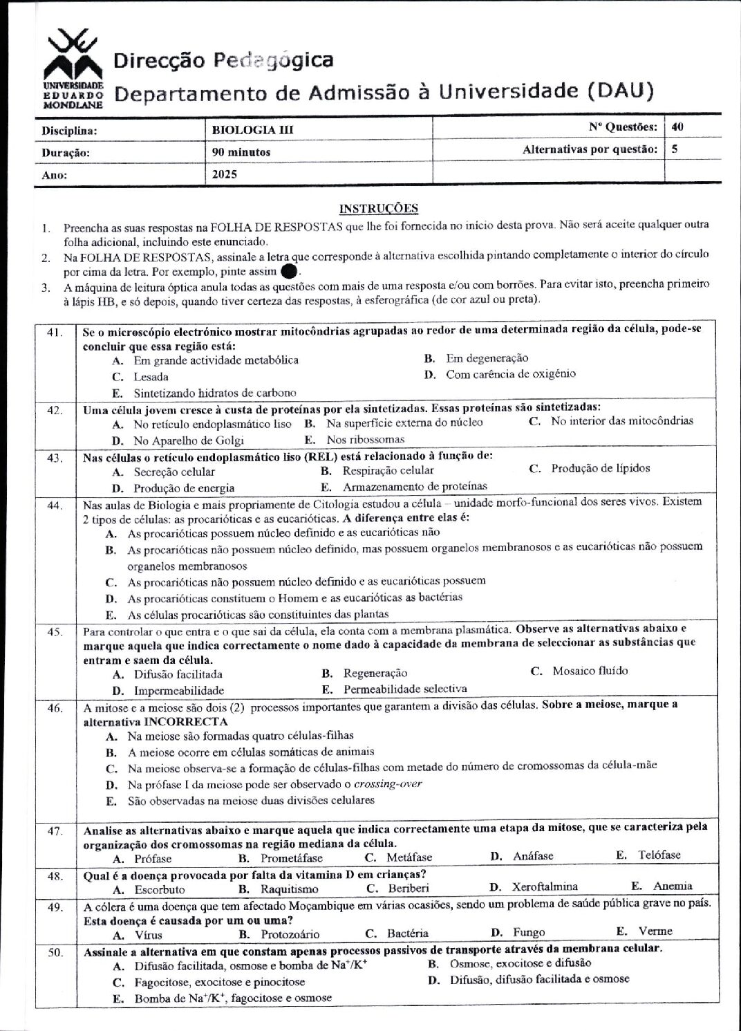 Biologia – 2025 (III) da UEM (Enunciado e Resolução do Exame de Admissão em PDF)
