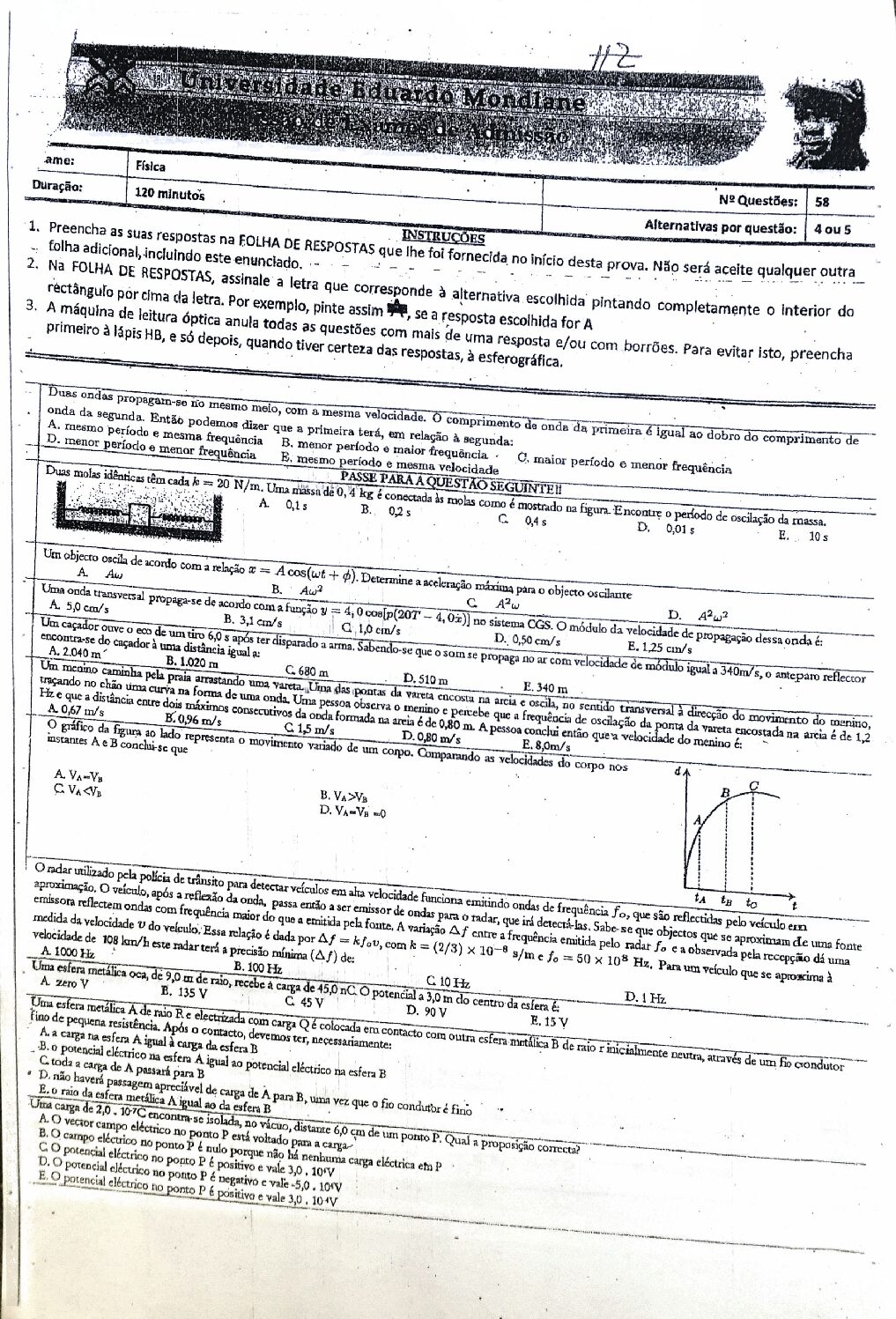 Física – 2010 da UEM (Enunciado e Resolução do Exame de Admissão em PDF)