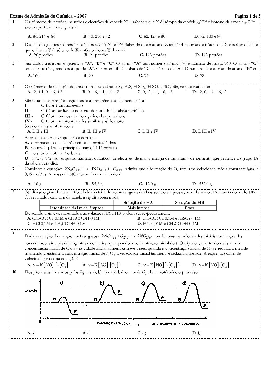 Química – 2007 da UEM (Enunciado e Resolução do Exame de Admissão em PDF)