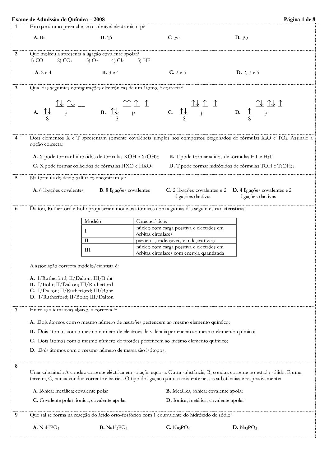 Química – 2008 da UEM (Enunciado e Resolução do Exame de Admissão em PDF)