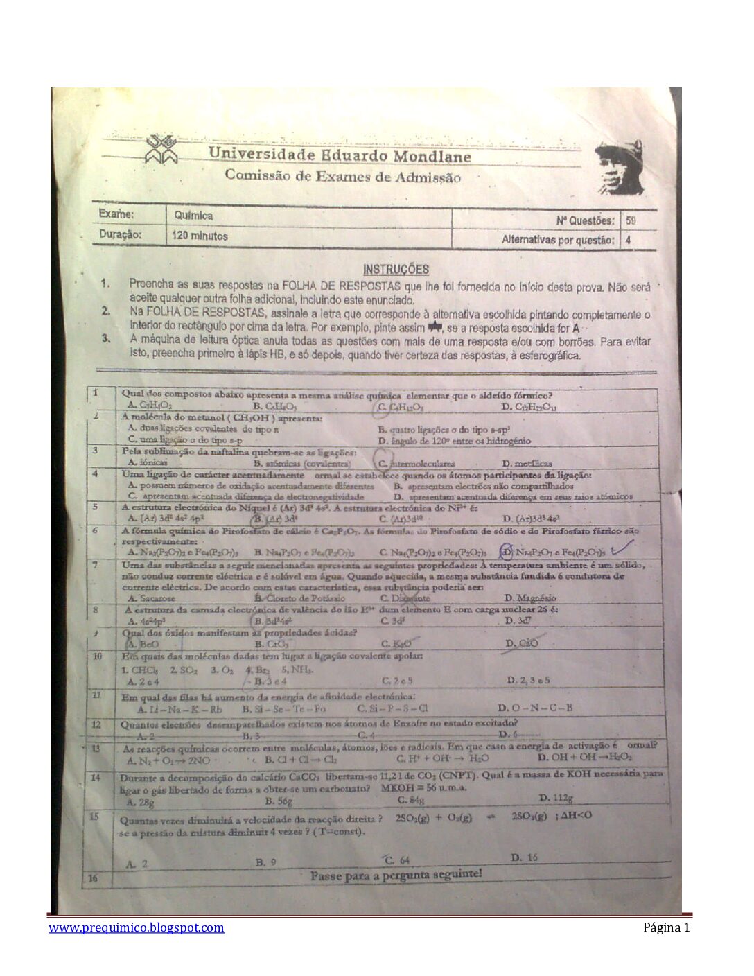 Química – 2009 da UEM (Enunciado e Resolução do Exame de Admissão em PDF)