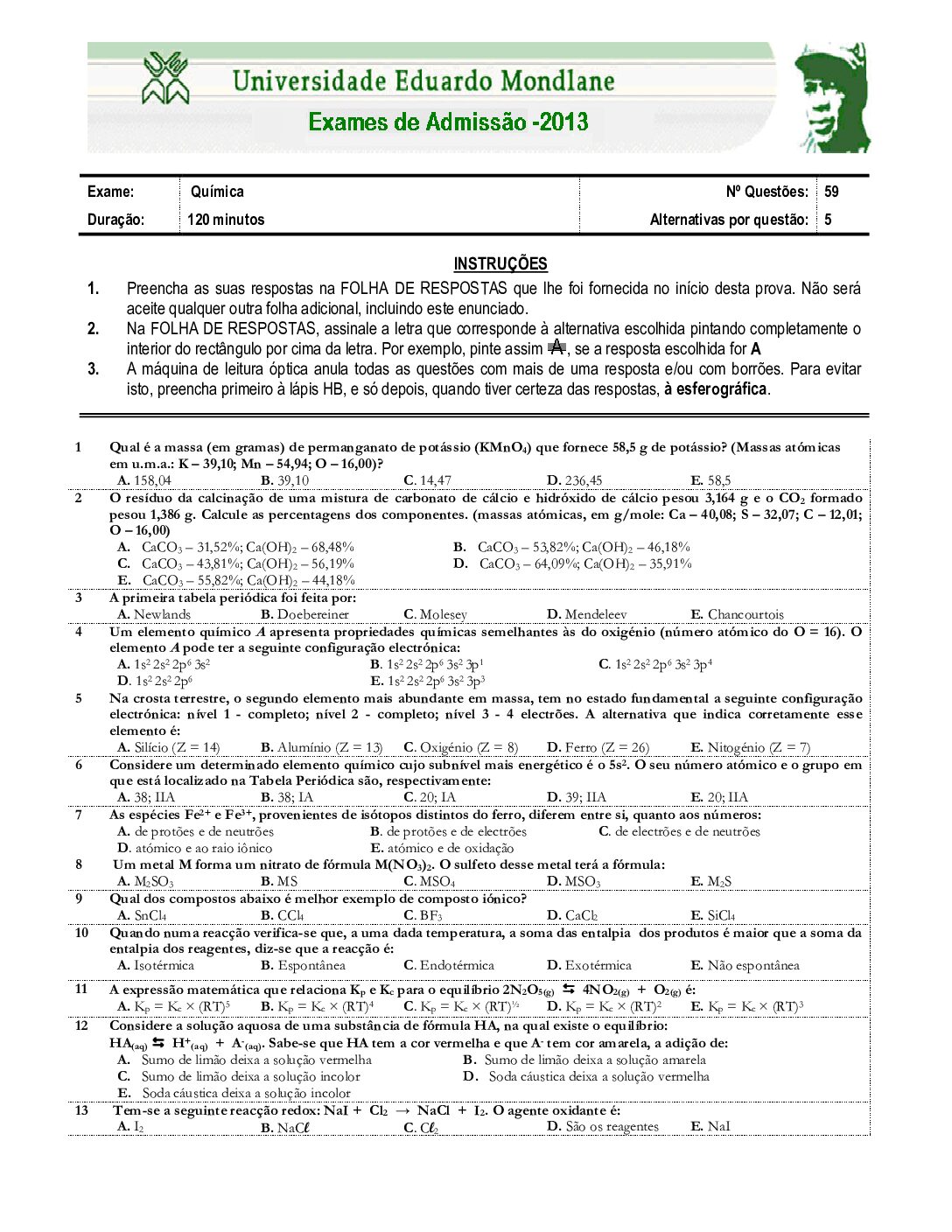 Química – 2013 da UEM (Enunciado e Resolução do Exame de Admissão em PDF)