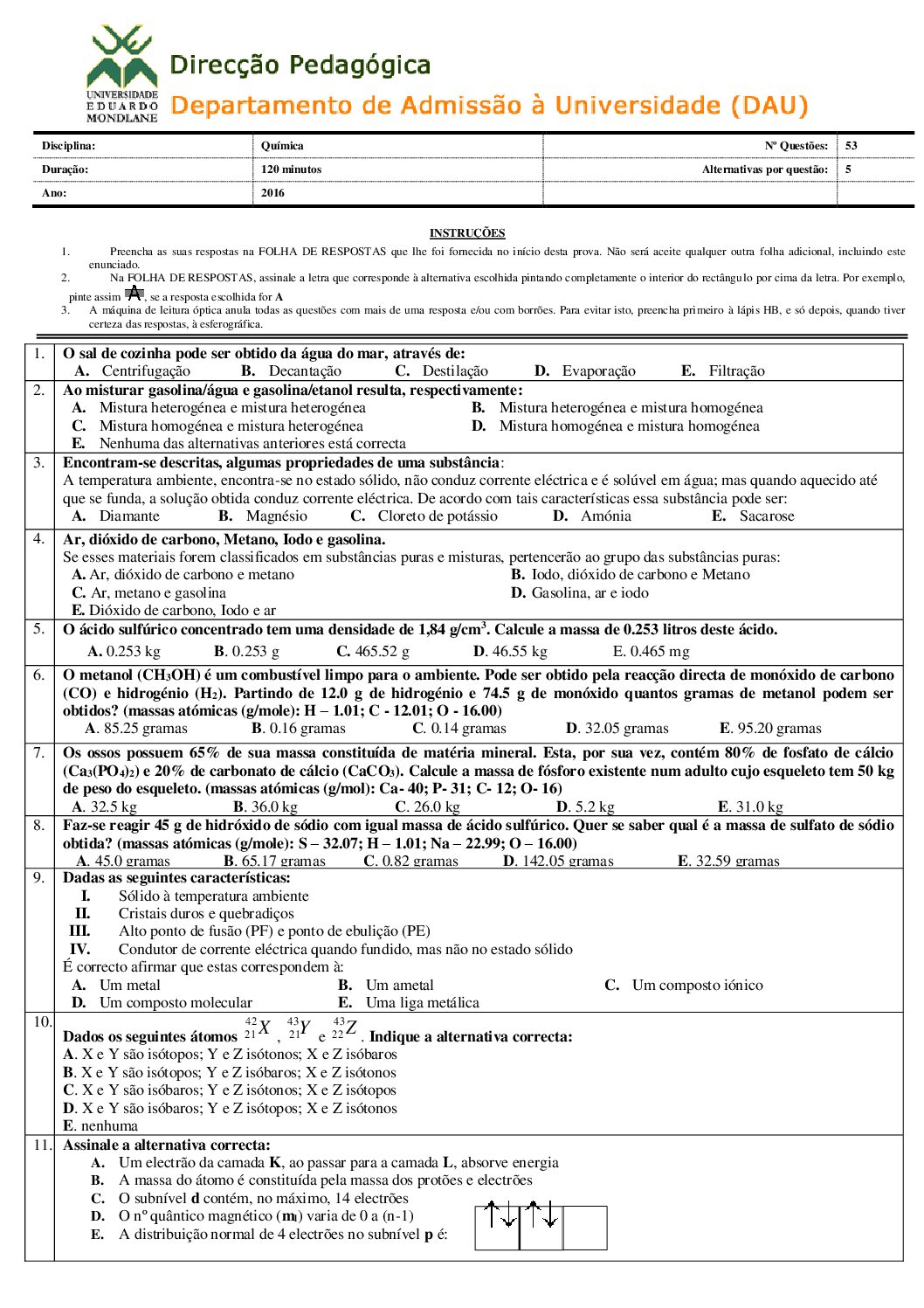 Química – 2016 da UEM (Enunciado e Resolução do Exame de Admissão em PDF)