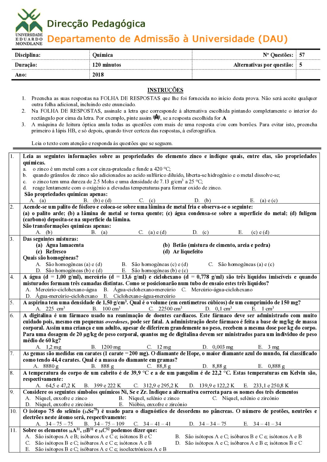 Química – 2018 da UEM (Enunciado e Resolução do Exame de Admissão em PDF)
