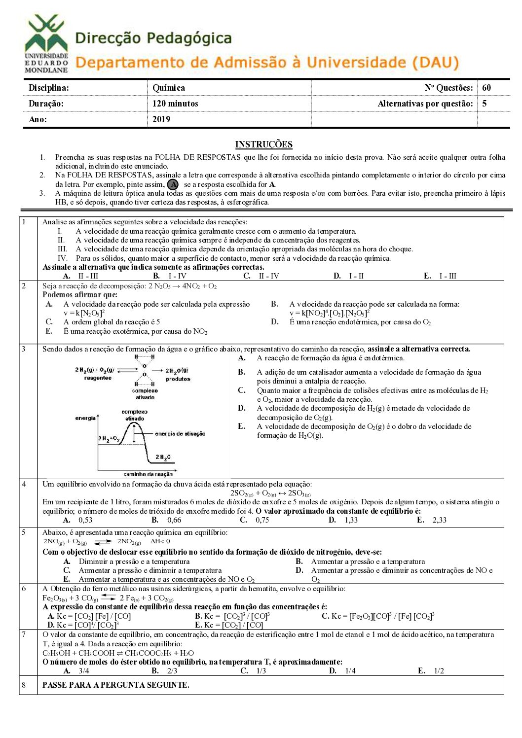 Química – 2019 da UEM (Enunciado e Resolução do Exame de Admissão em PDF)