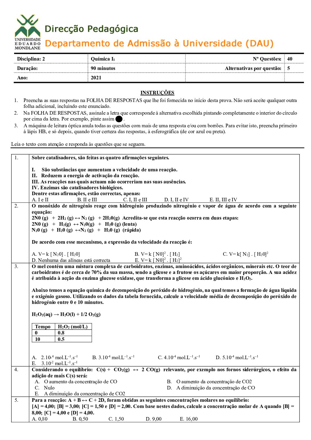 Química – 2021 (I) da UEM (Enunciado e Resolução do Exame de Admissão em PDF)