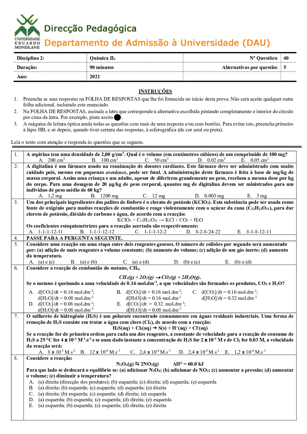 Química – 2021 (II) da UEM (Enunciado e Resolução do Exame de Admissão em PDF)