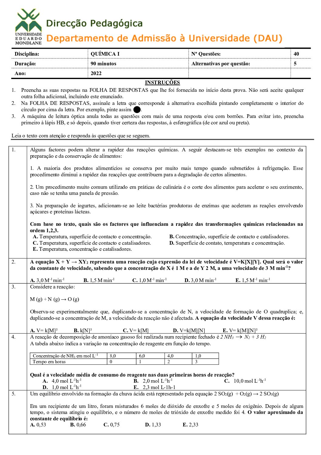 Química – 2022 (I) da UEM (Enunciado e Resolução do Exame de Admissão em PDF)