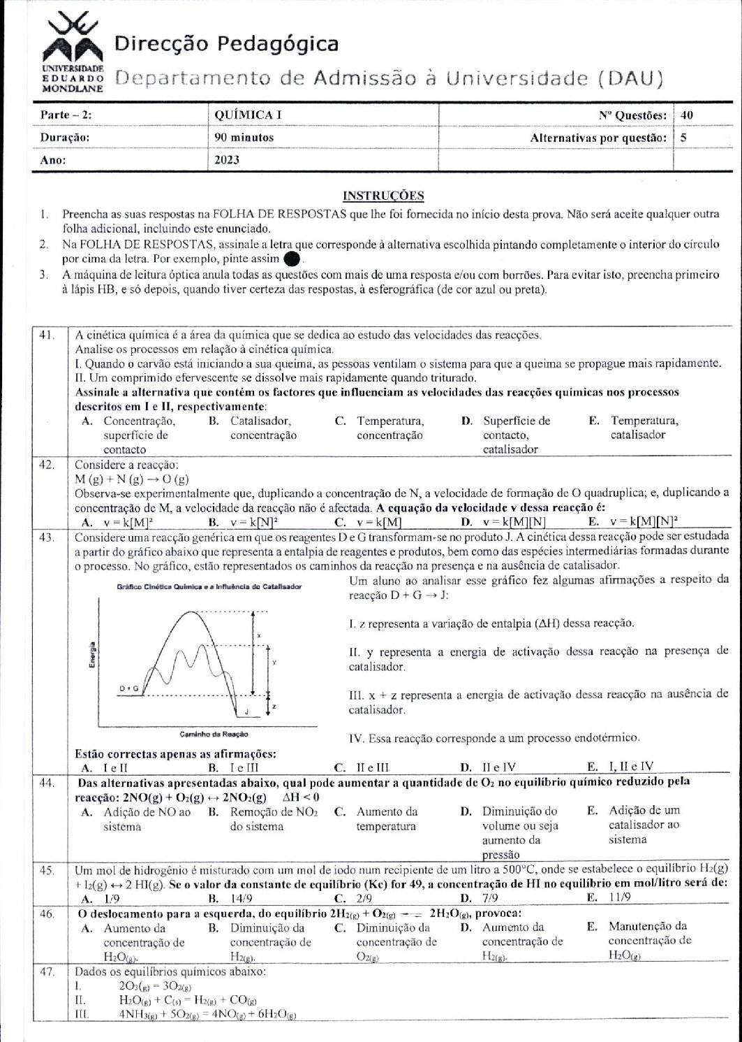 Química – 2023 (I) da UEM (Enunciado e Resolução do Exame de Admissão em PDF)
