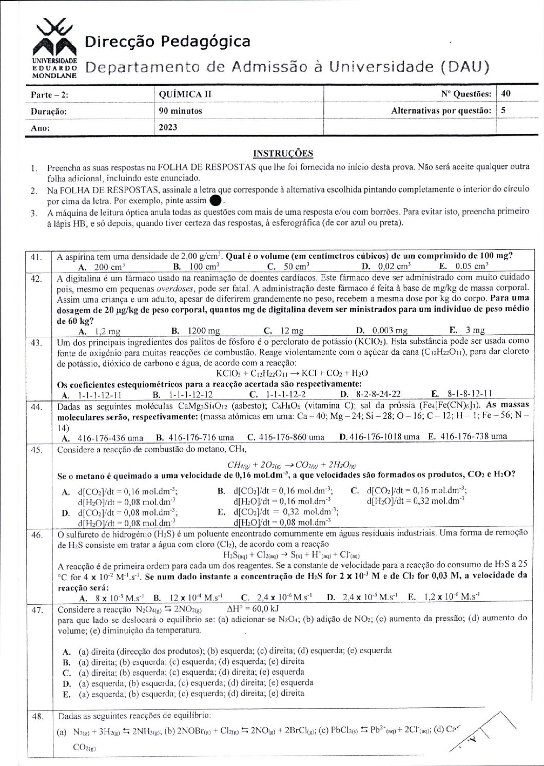 Química – 2023 (II) da UEM (Enunciado e Resolução do Exame de Admissão em PDF)