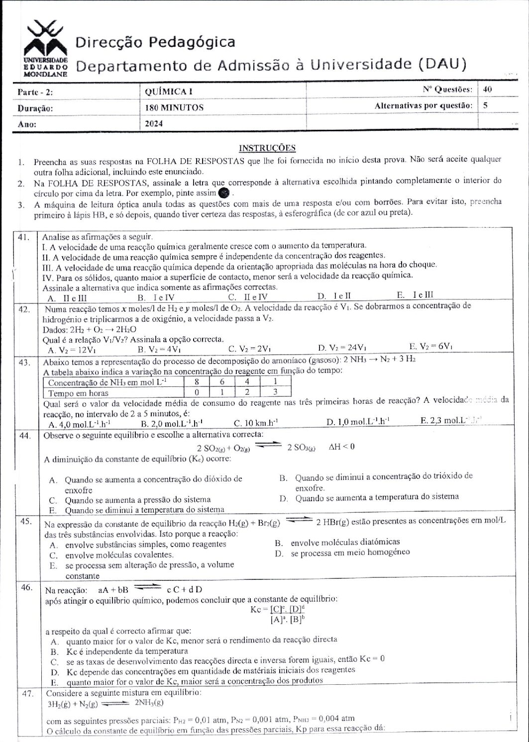 Química – 2024 (I) da UEM (Enunciado e Resolução do Exame de Admissão em PDF)