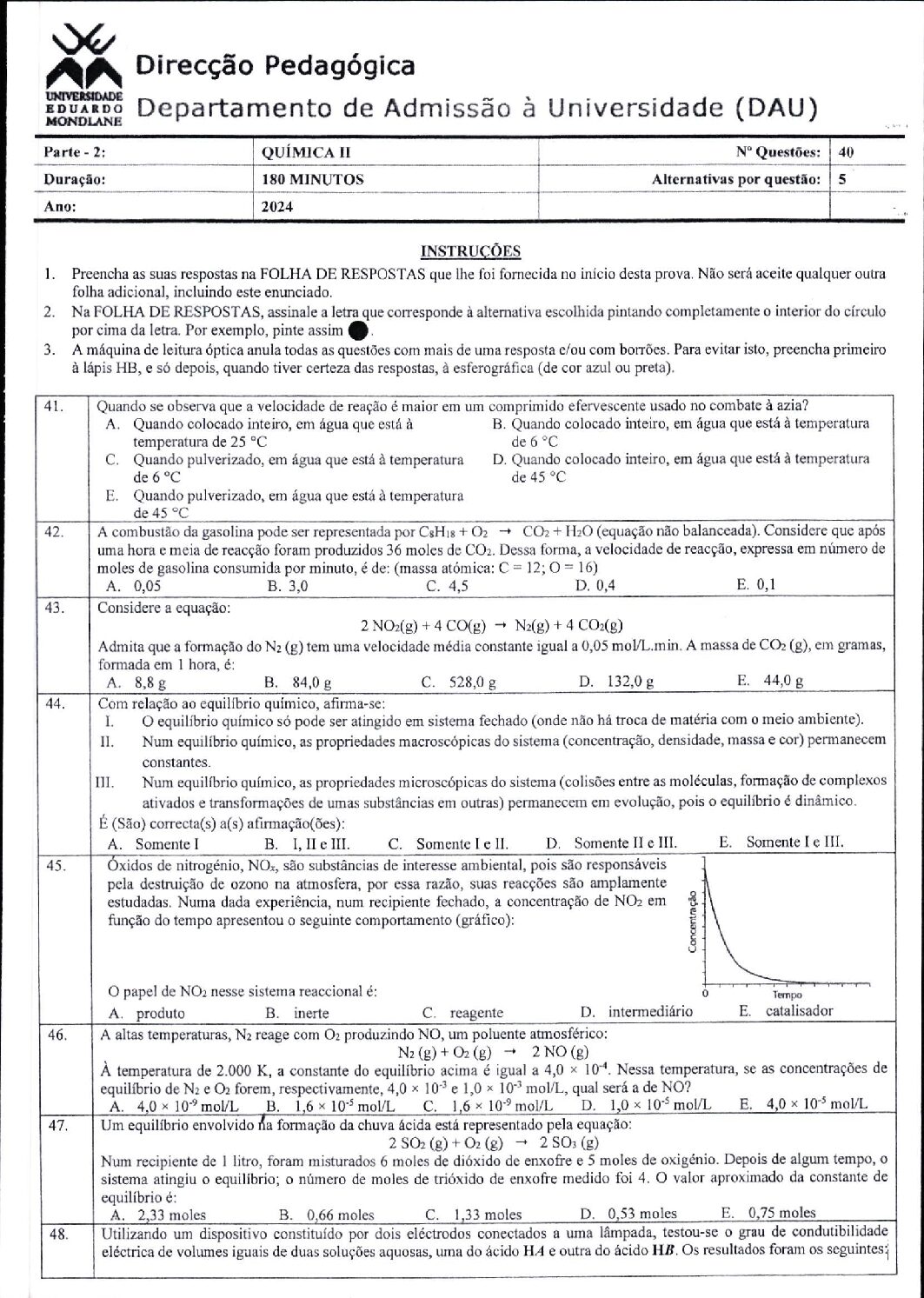 Química – 2024 (II) da UEM (Enunciado e Resolução do Exame de Admissão em PDF)