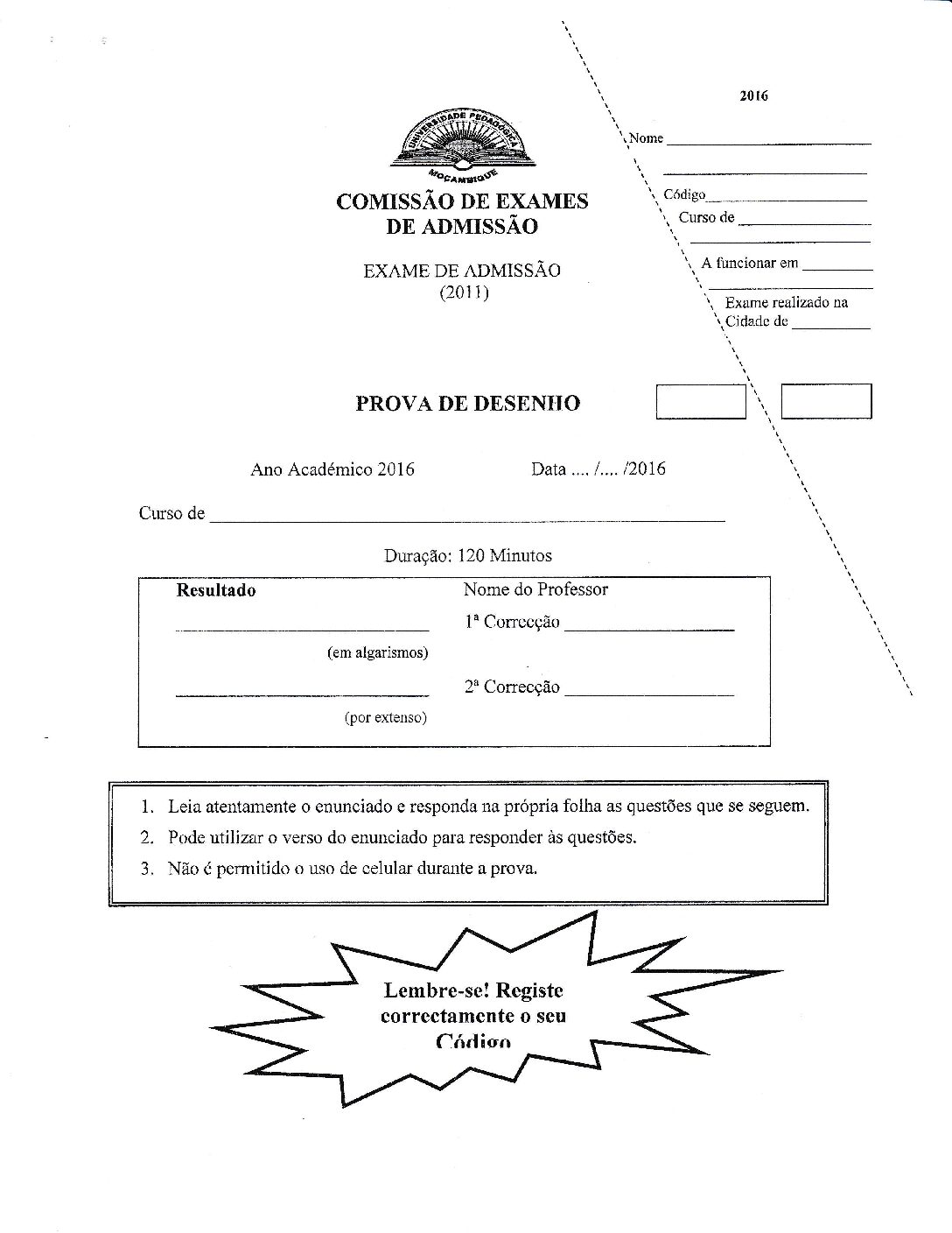 Desenho – 2011 da UP (Enunciado e Resolução do Exame de Admissão em PDF)