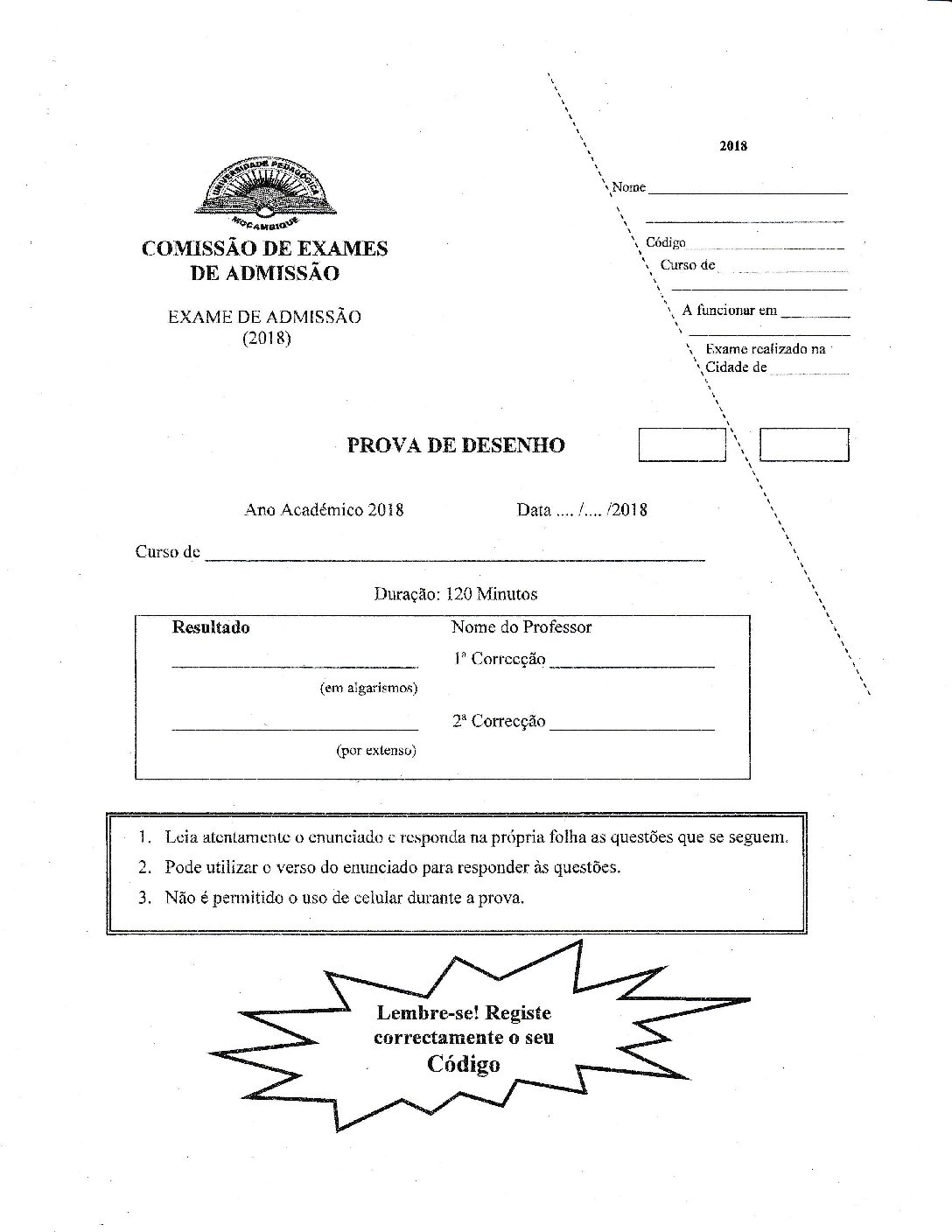 Desenho – 2018 da UP (Enunciado e Resolução do Exame de Admissão em PDF)