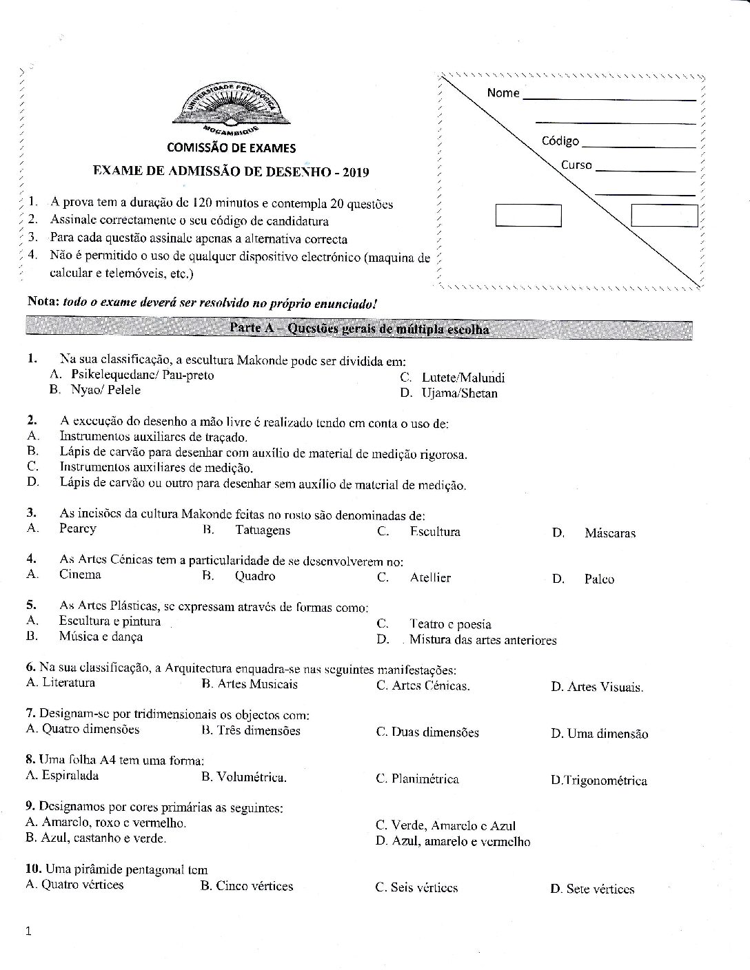 Desenho – 2019 da UP (Enunciado e Resolução do Exame de Admissão em PDF)