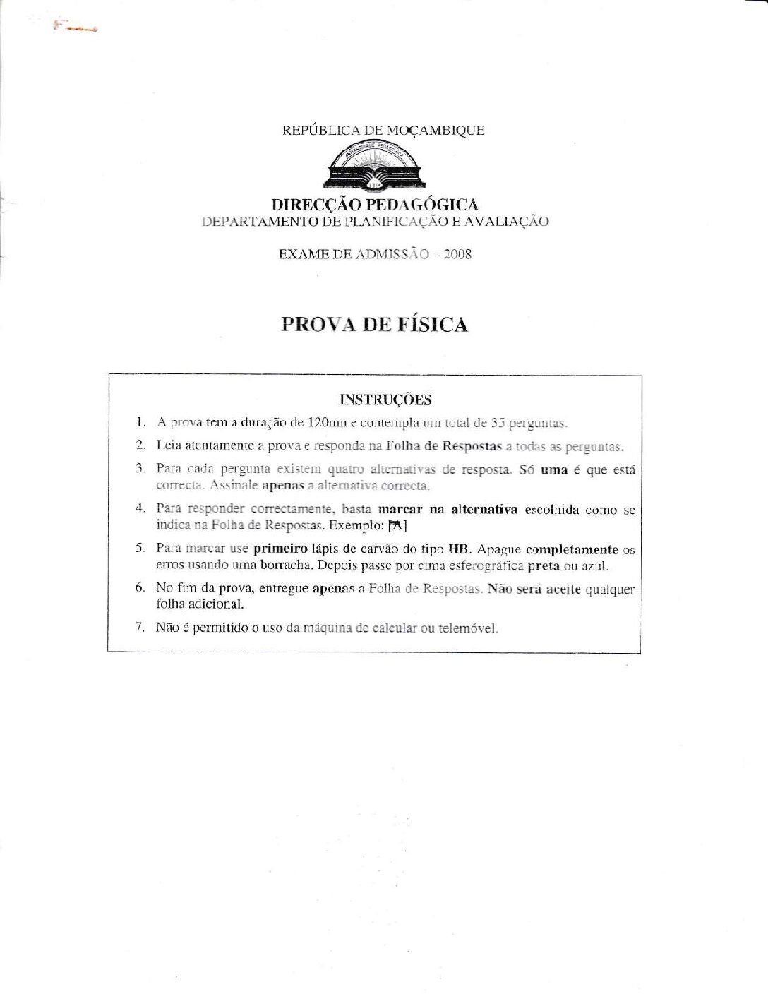 Física – 2008 da UP (Enunciado e Resolução do Exame de Admissão em PDF)