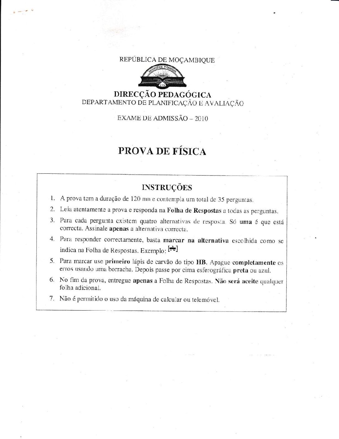 Física – 2010 da UP (Enunciado e Resolução do Exame de Admissão em PDF)