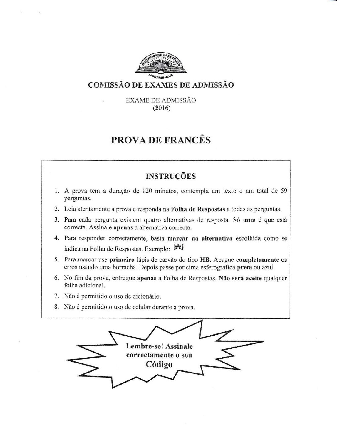 Francês – 2016 da UP (Enunciado e Resolução do Exame de Admissão em PDF)