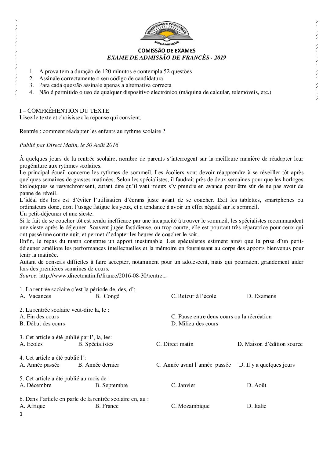 Francês – 2019 da UP (Enunciado e Resolução do Exame de Admissão em PDF)