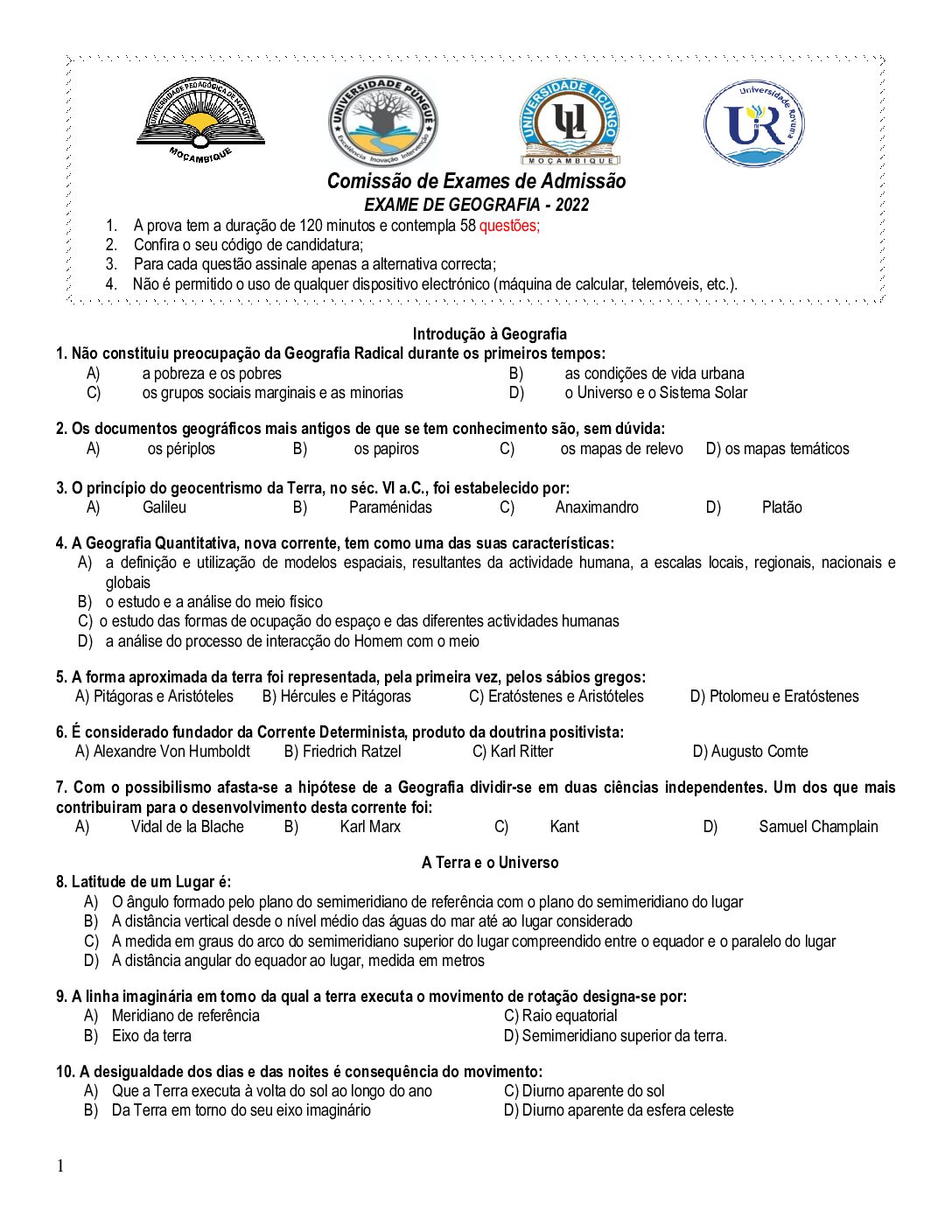 Geografia – 2022 da UP (Enunciado e Resolução do Exame de Admissão em PDF)