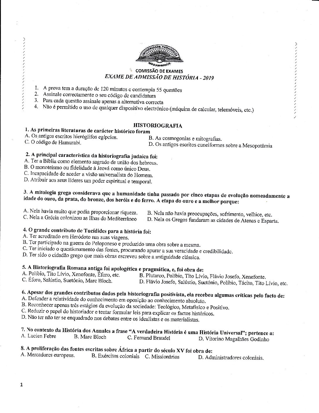 História – 2019 da UP (Enunciado e Resolução do Exame de Admissão em PDF)