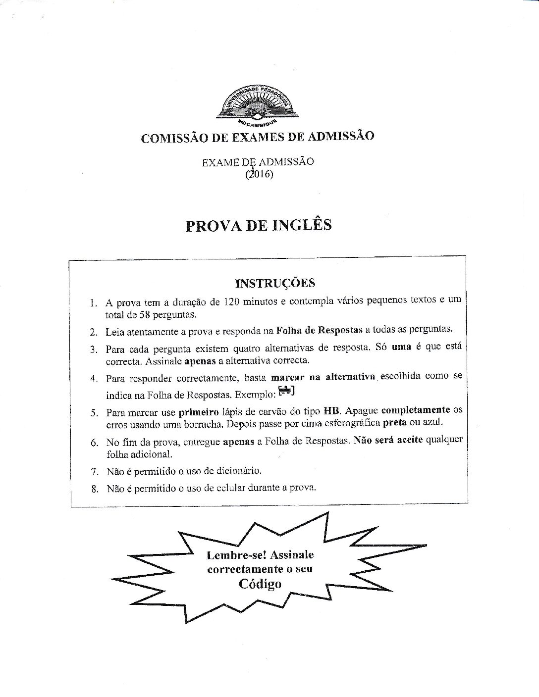 Inglês – 2016 da UP (Enunciado e Resolução do Exame de Admissão em PDF)