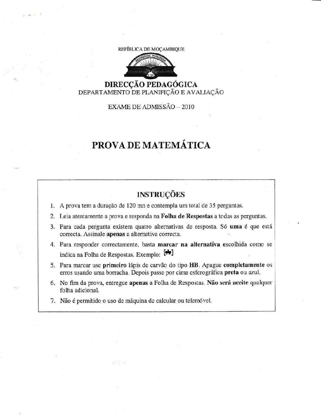 Matemática – 2010 da UP (Enunciado e Resolução do Exame de Admissão em PDF)