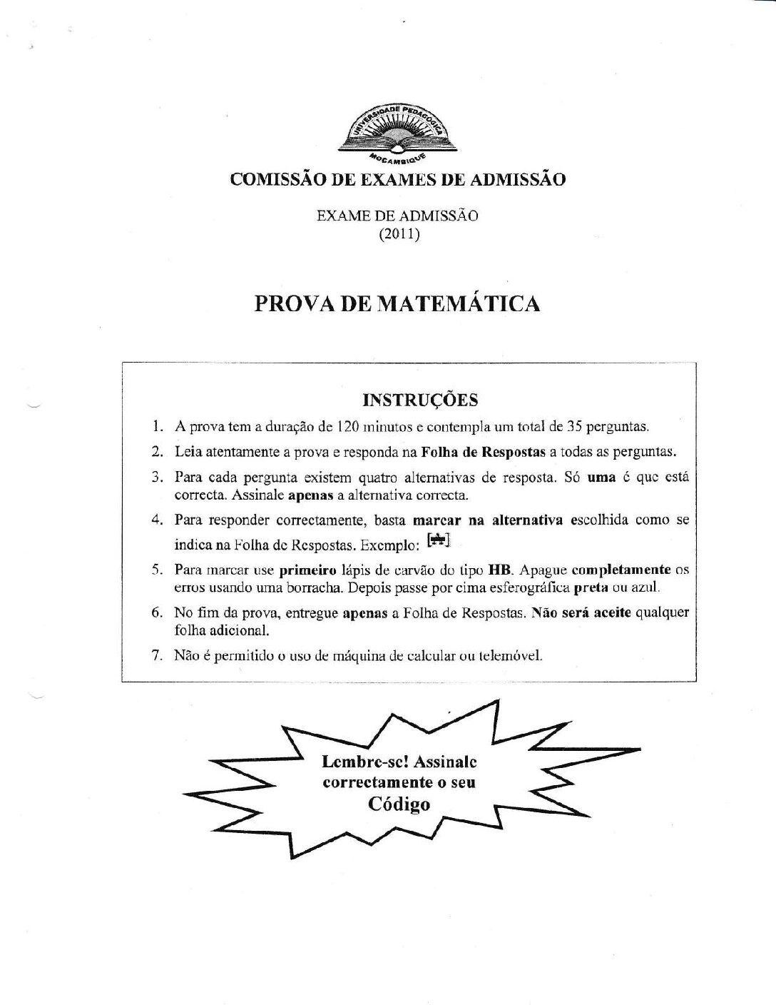 Matemática – 2011 da UP (Enunciado e Resolução do Exame de Admissão em PDF)