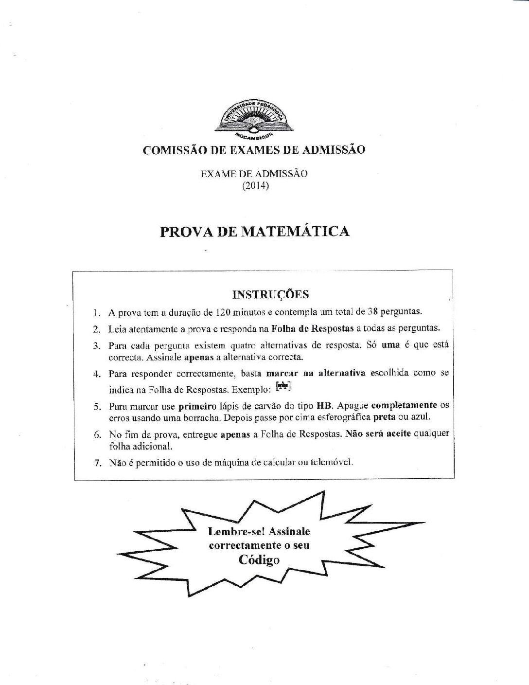 Matemática – 2014 da UP (Enunciado e Resolução do Exame de Admissão em PDF)