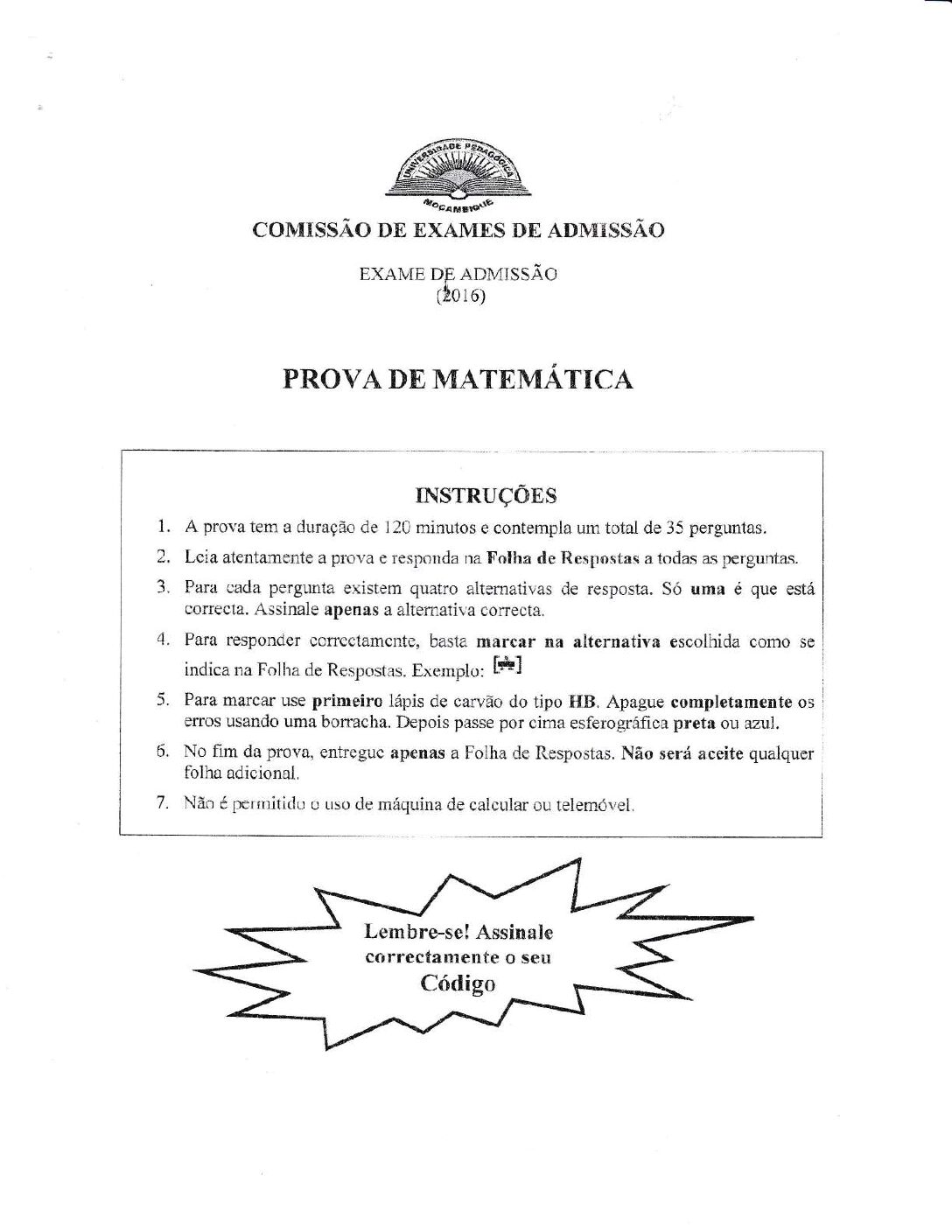 Matemática – 2016 da UP (Enunciado e Resolução do Exame de Admissão em PDF)